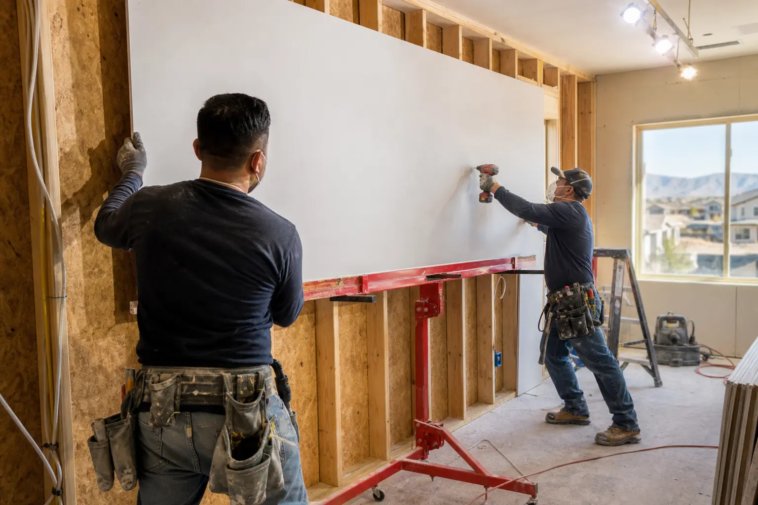 El Paso drywall installers hanging a new sheet of drywall on wooden wall studs