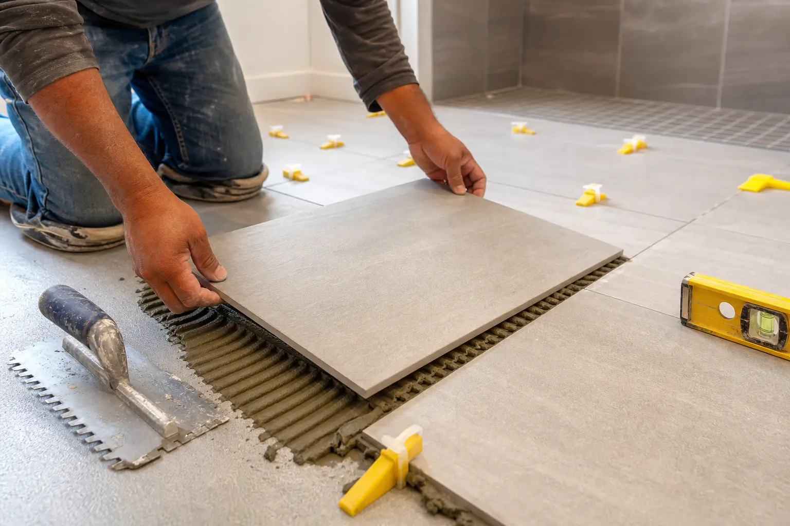 Modern porcelain tile being installed on a bathroom floor by an El Paso tile installer