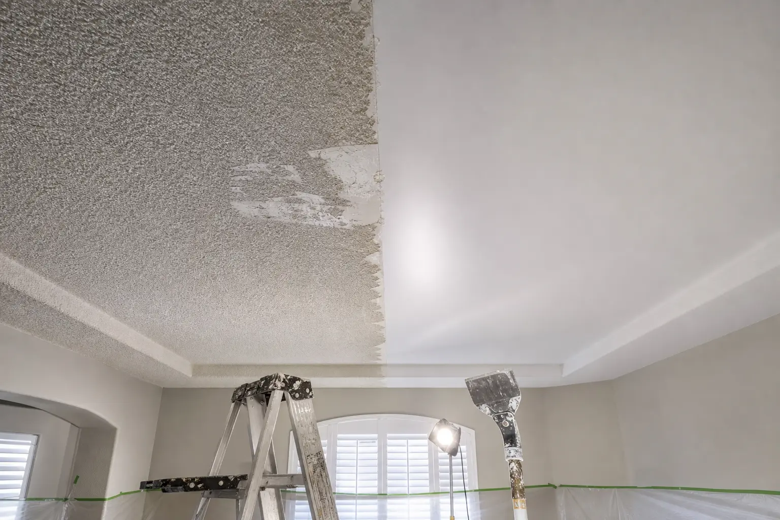 Popcorn ceiling removal in progress with old texture being scraped off in an El Paso home